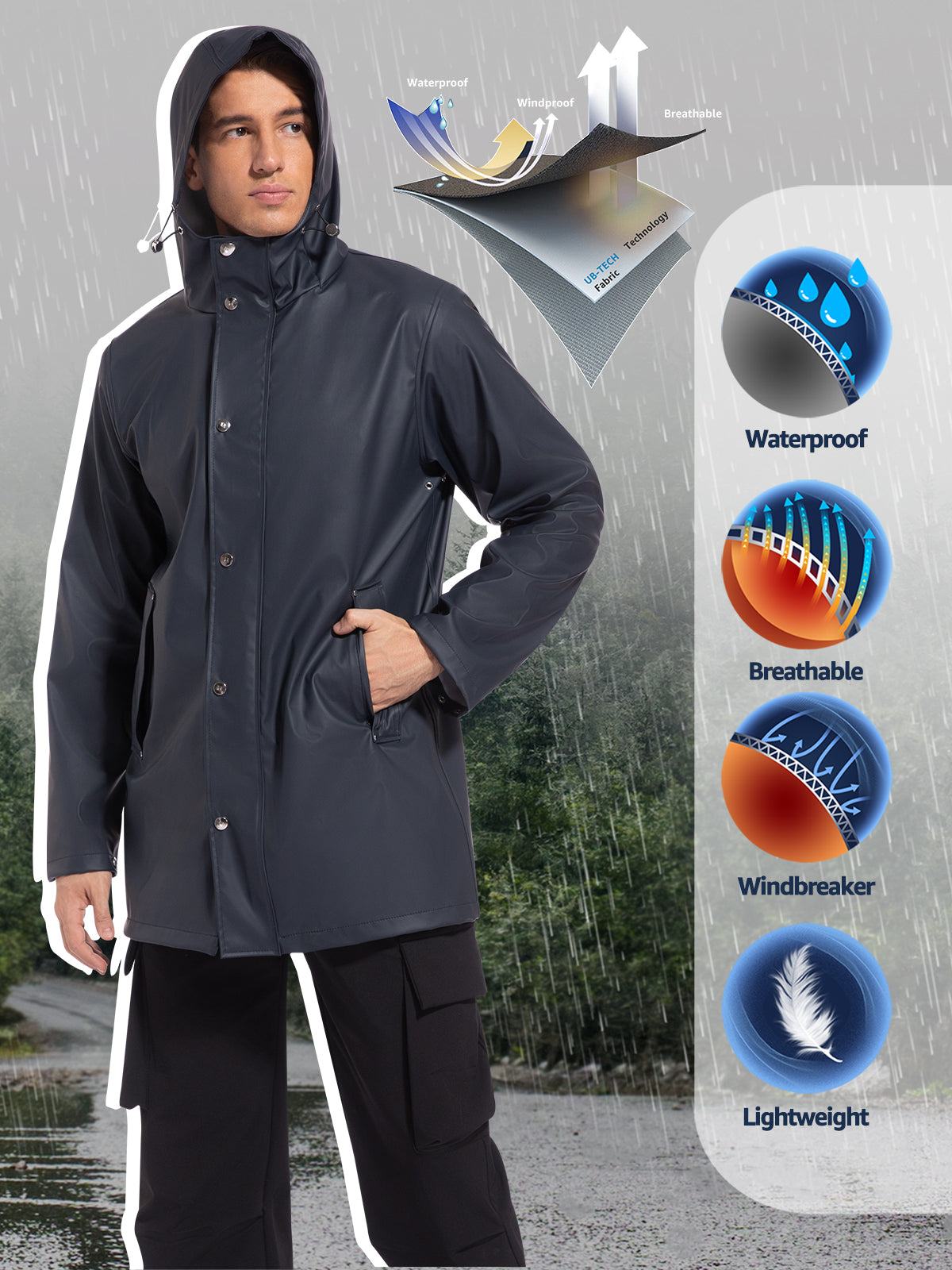 Men's Rain Jacket with Hooded Long Raincoat