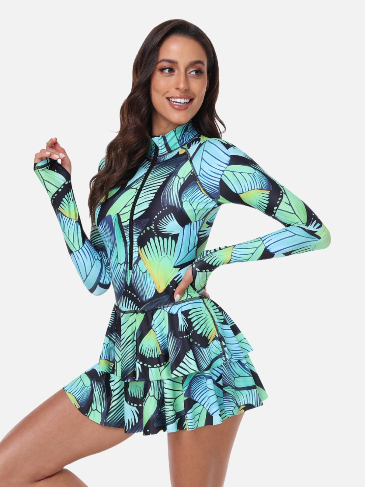 One-Piece Long Sleeve UPF50+ Ruffle Skirt Swim Suit